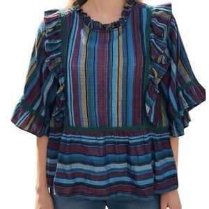 ANTHROPOLOGIE DRA Tabi  Top Laurel Stripe Peplum Hem Ruffles NWOT Size M